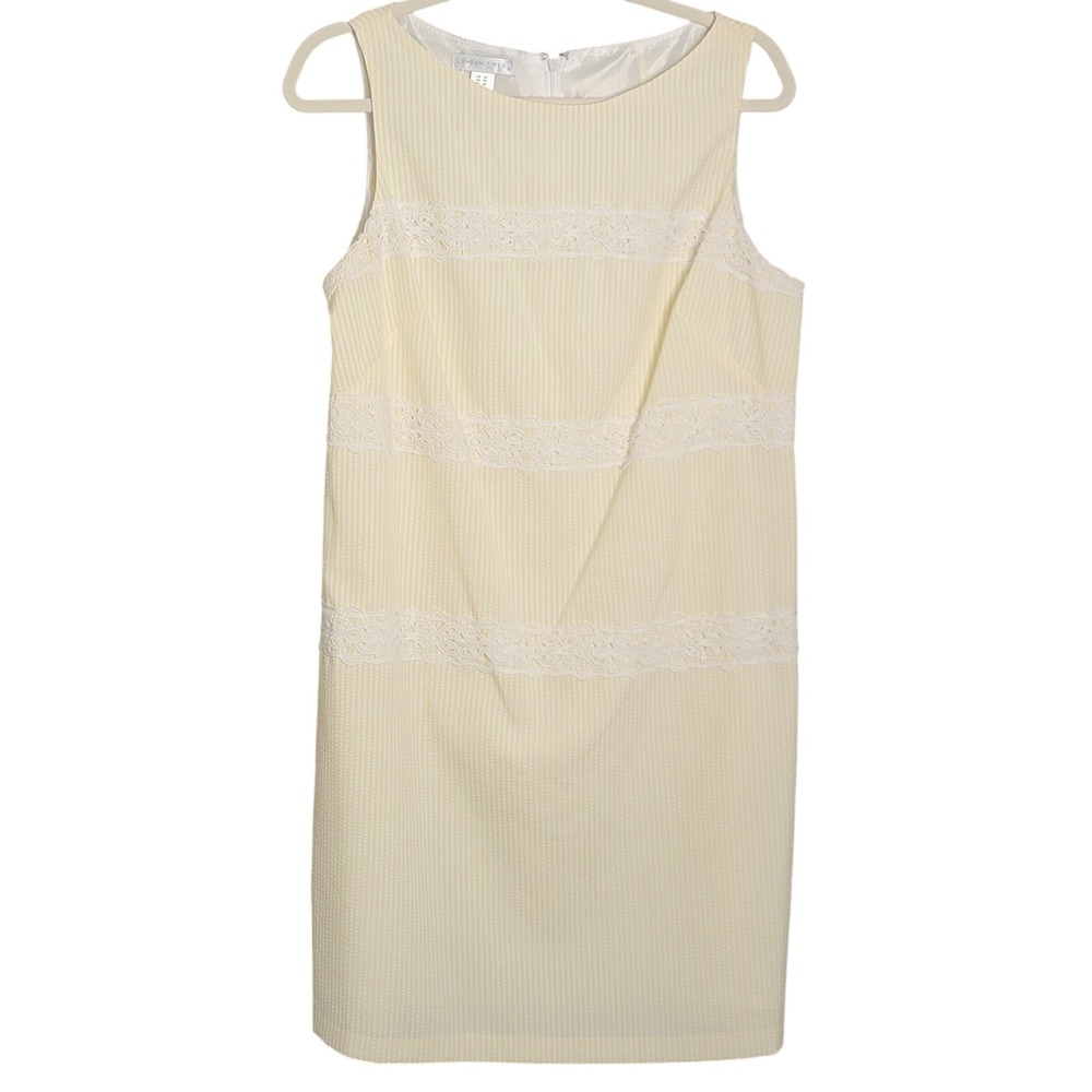 London Times‎ Sheath Dress 14 Yellow Seersucker Lace Trim Preppy Coastal Vintage